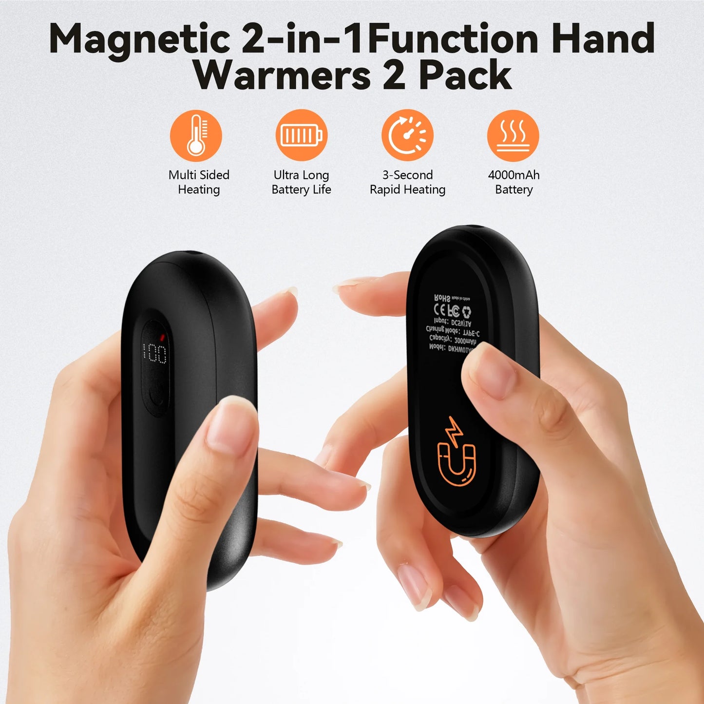 Hand Warmers Rechargeable - 2 Pack Electric Hand Warmers 4000Mah, 8 Hrs Warmth Dual-Sided Heating Max 140℉, Reusable Hand Warmers Pocket Heater for Raynauds, Hunting, Golf, Camping