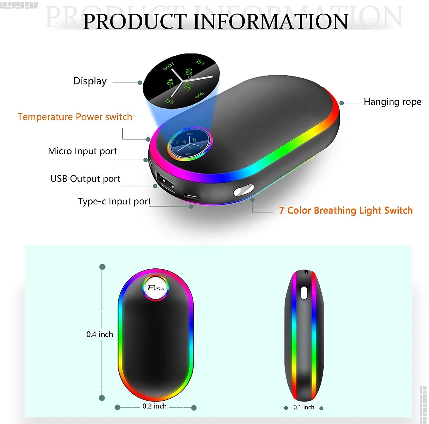 Hand Warmers, 10000Mah Hand Warmers Rechargeable, 7 Changing Colors Lights Electric Hand Warmers, Reusable Hand Warmer for Raynauds, Outdoors, Hunting, Golf, Camping, Women Mens Gifts(Black)